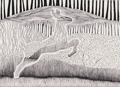 Leaping Doe, in pen and ink, part of the Animal Silhouette Series