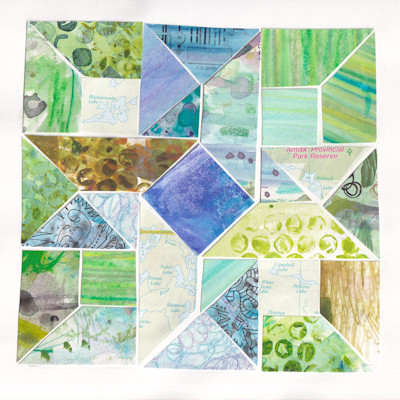 Quilt Collage Series, Rhapsody in Blue quilt pattern, constructed from painted and recycled papers