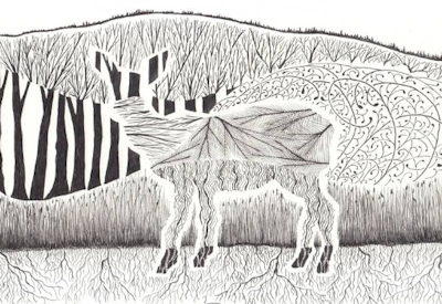 Doe of the textures of Trees, pen and ink drawing by Andrea Goodman - prints available on Saatch art