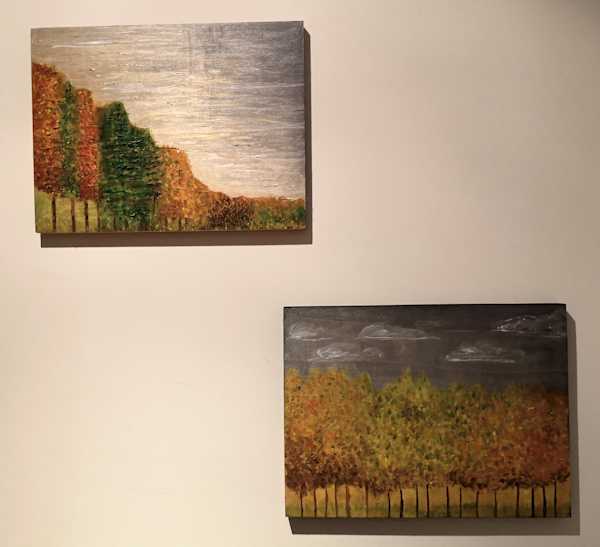 2 Autumn themed paintings by Andrea Goodman on wooden panels painted in 2021